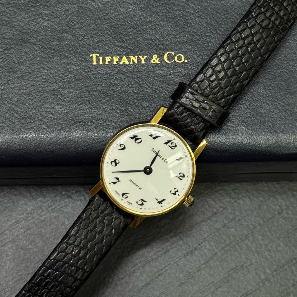 Tiffany  Co 18k Yellow Gold White Dial Black Leather Strap